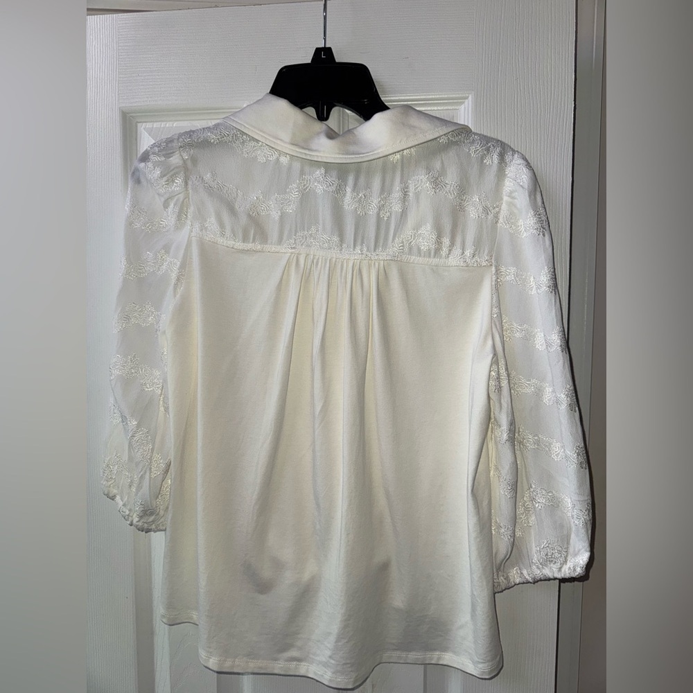 Anthropologie Vanessa Virginia White Embroidered Peasant Blouse Brown Buttons - Picture 4 of 7